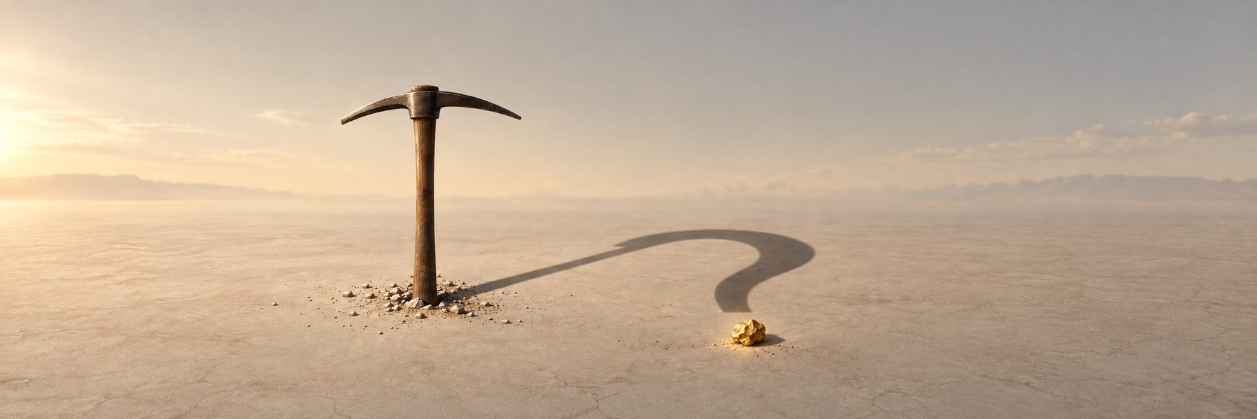 A pickaxe stuck in the ground, its long shadow curving into a question mark that ends at a single gold nugget
